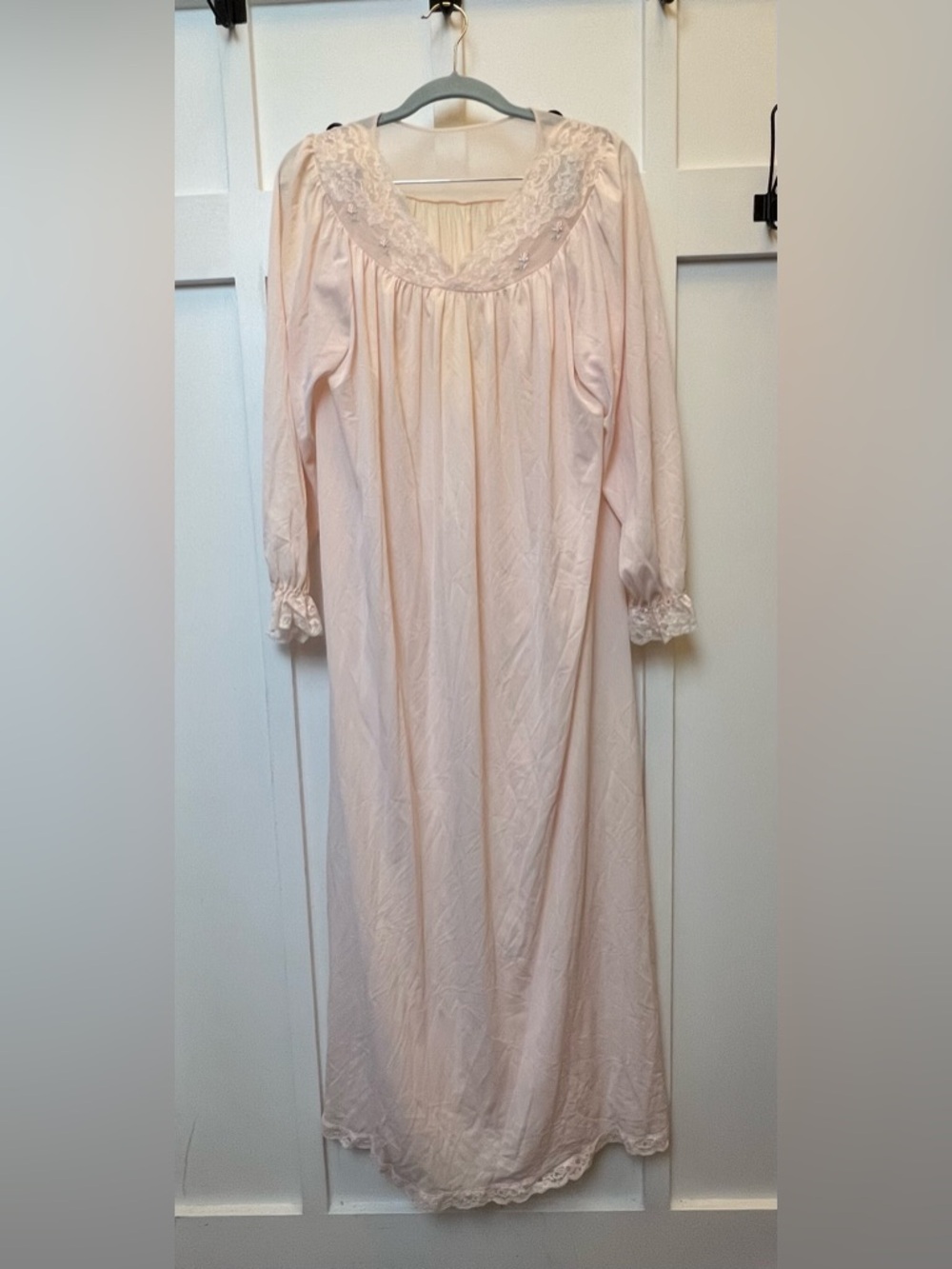 Vintage Womens Nightgown Nylon Pink Roses Lace Collar Shadowline Sz Med Coquette